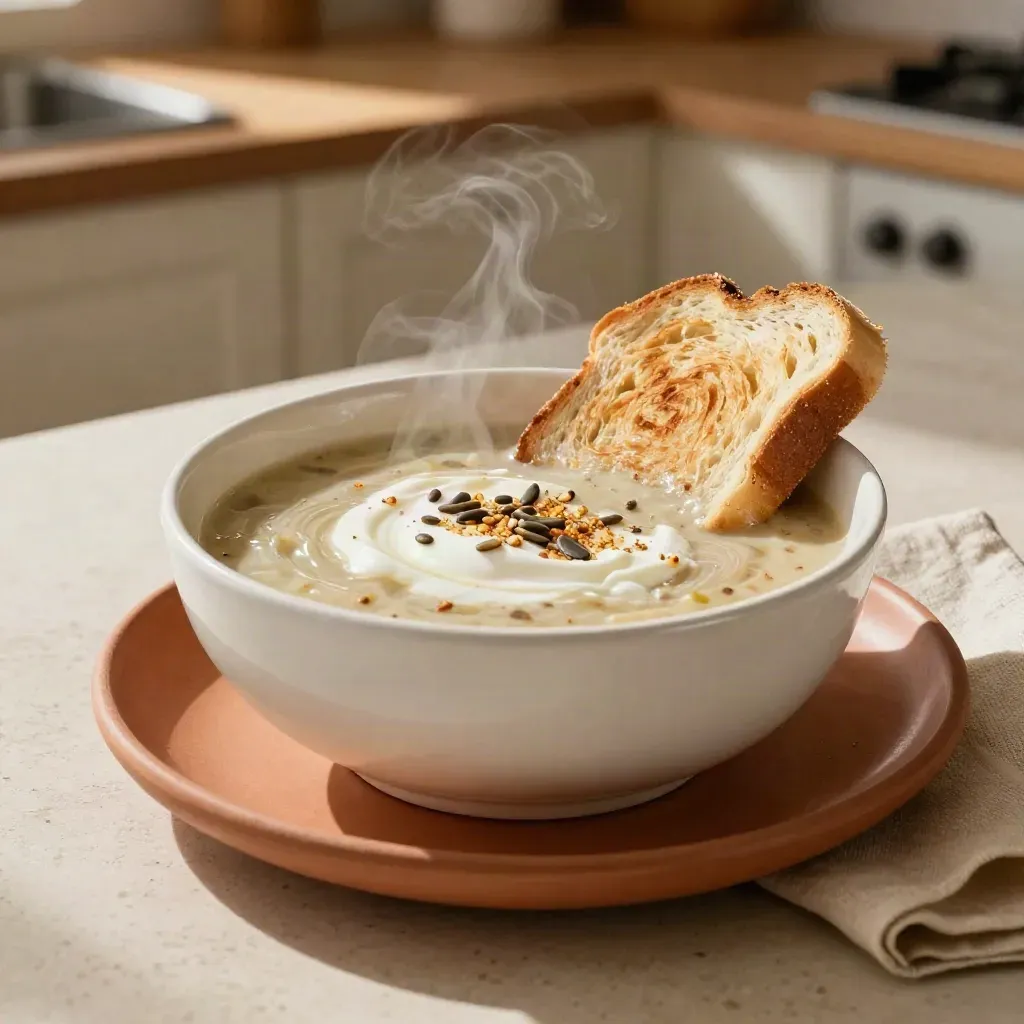 White bowl of root-vegetable soup with yogurt swirl, seeds and toast soldiers, steaming in warm window light.