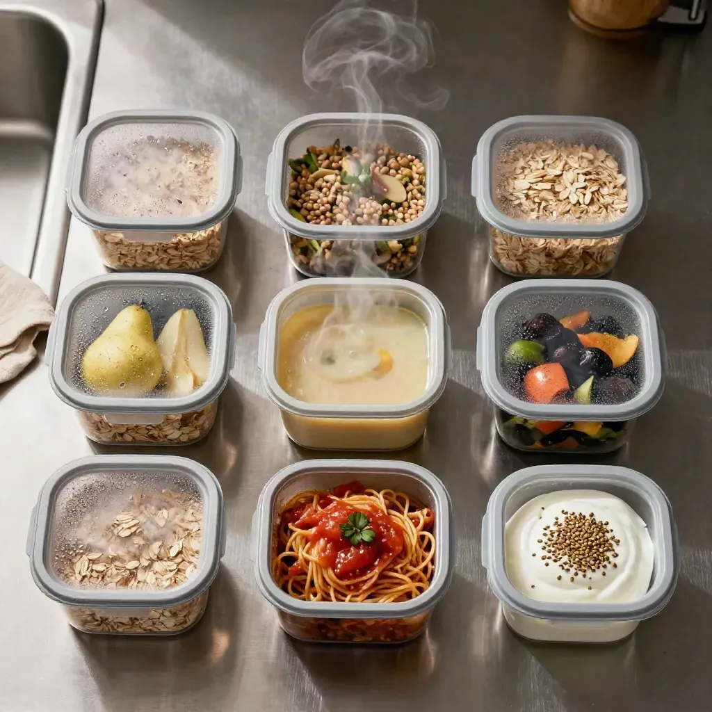 Overhead grid of seven meal prep containers with oats, salad, soup, pasta, veg, fruit and snack pots.