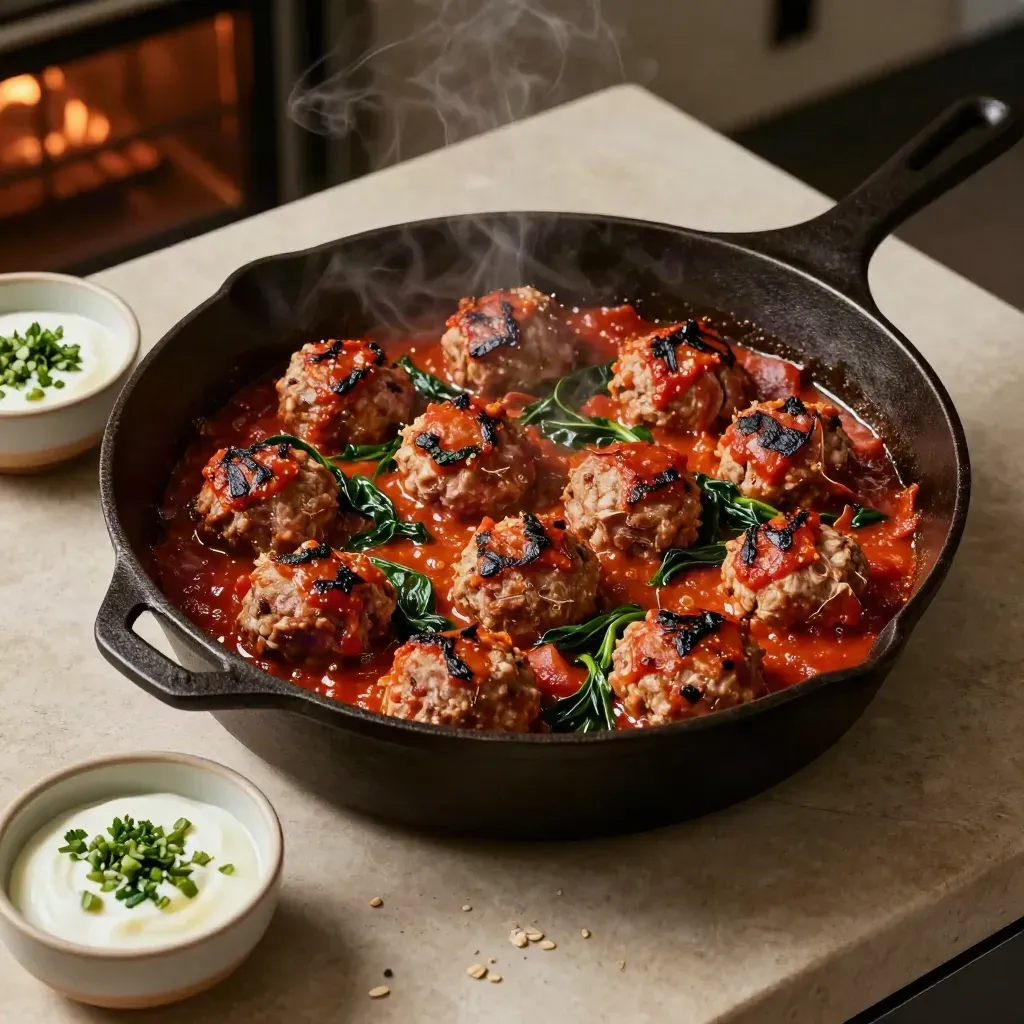 Skillet of turkey meatballs in tomato sauce with greens, steam rising beside small herb bowls.