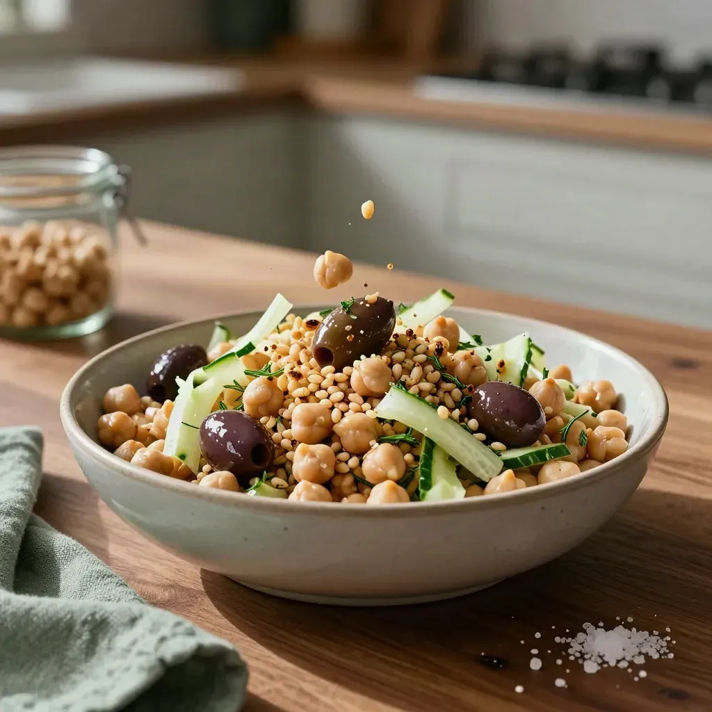 Chickpea salad with olives and shaved veg in a centred bowl on a walnut counter.