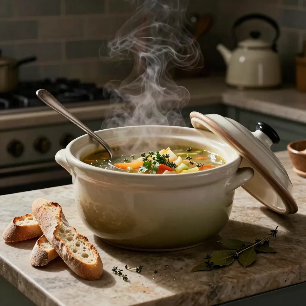 Steam rises from a vegetable soup crock with bread, herbs, and a ladle in a moody kitchen.