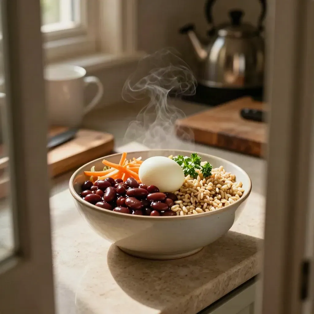 High doorway view of a grain bowl with beans, shredded veg and egg on a warm stone kitchen counter.