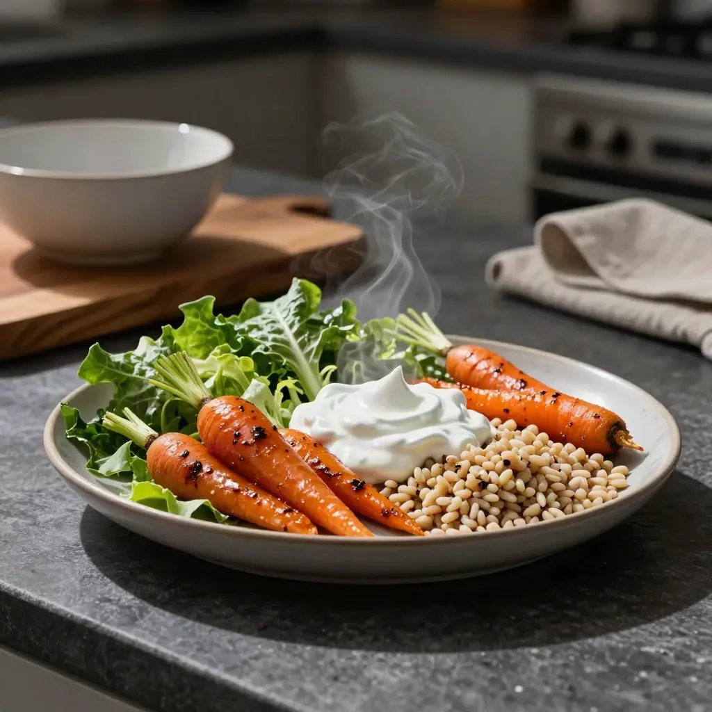 Platter of salad, roasted carrots, grains, and yogurt dressing on a dark stone counter
