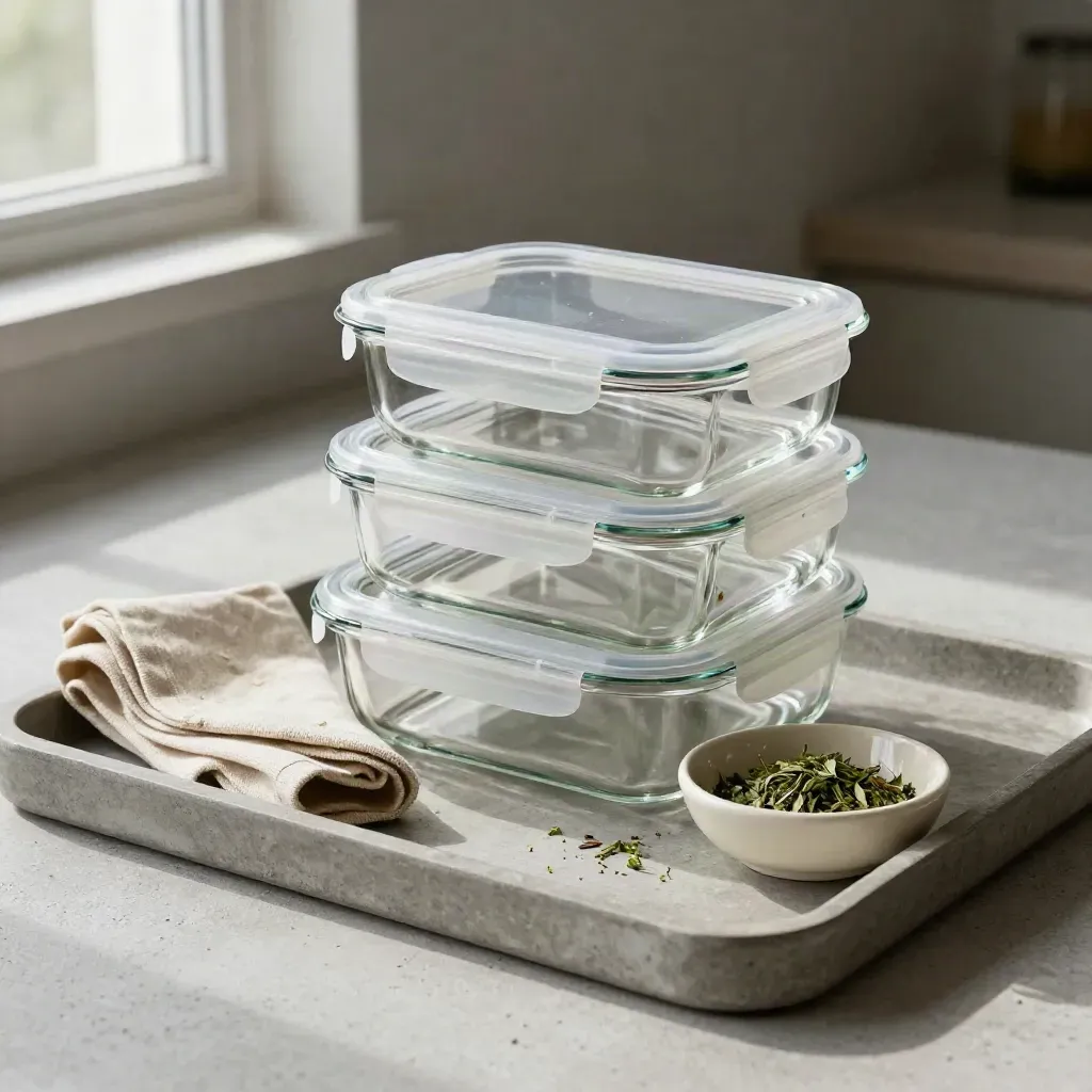 Glass lunch containers, linen cloth and herb dish on a stone tray in soft daylight.