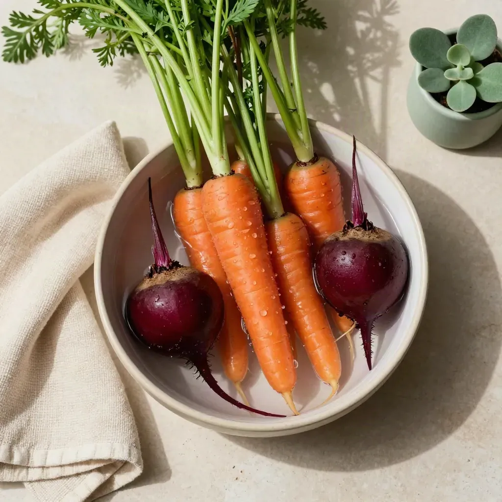 Overhead still life of rinsed carrots, beetroot and baby leeks with tea towel and herb pot.