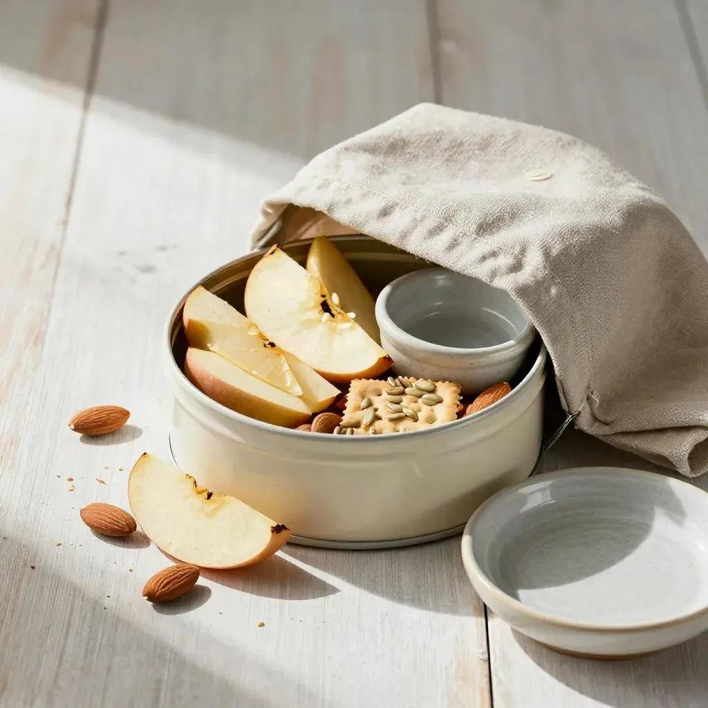 Open ceramic snack tin with apple slices, almonds, seed crackers and a linen cloth on pale wood.